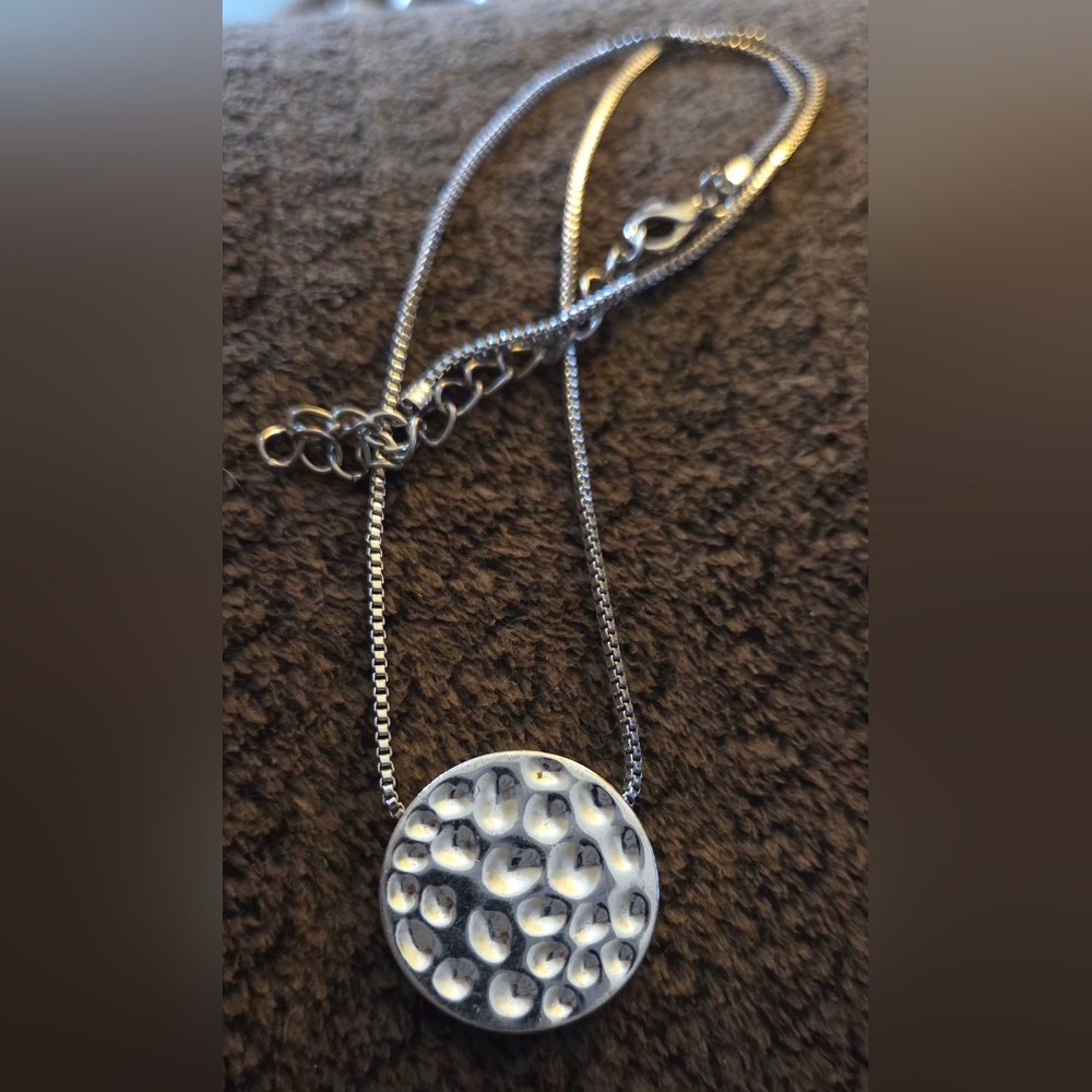 Silvertone Textured Disk Necklace - Picture 3 of 5
